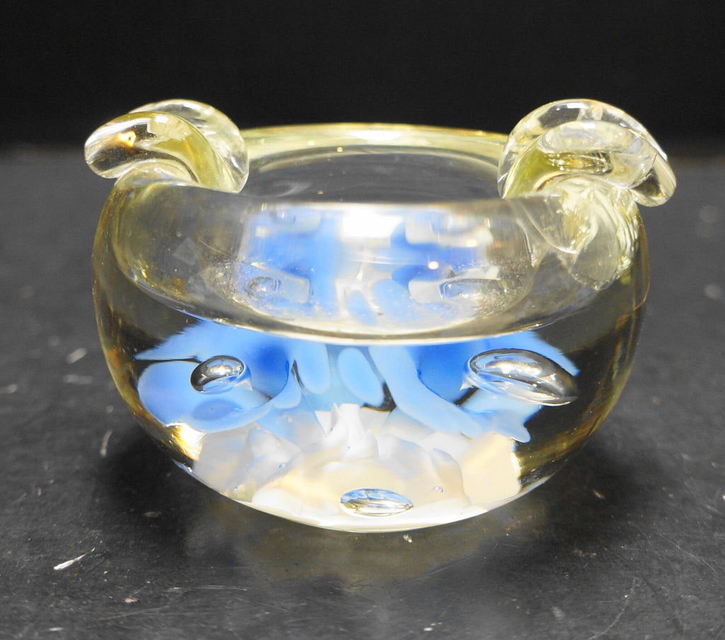Vintage STC  ST. Clair Glass Ashtray with Blue Bubbling Flowers