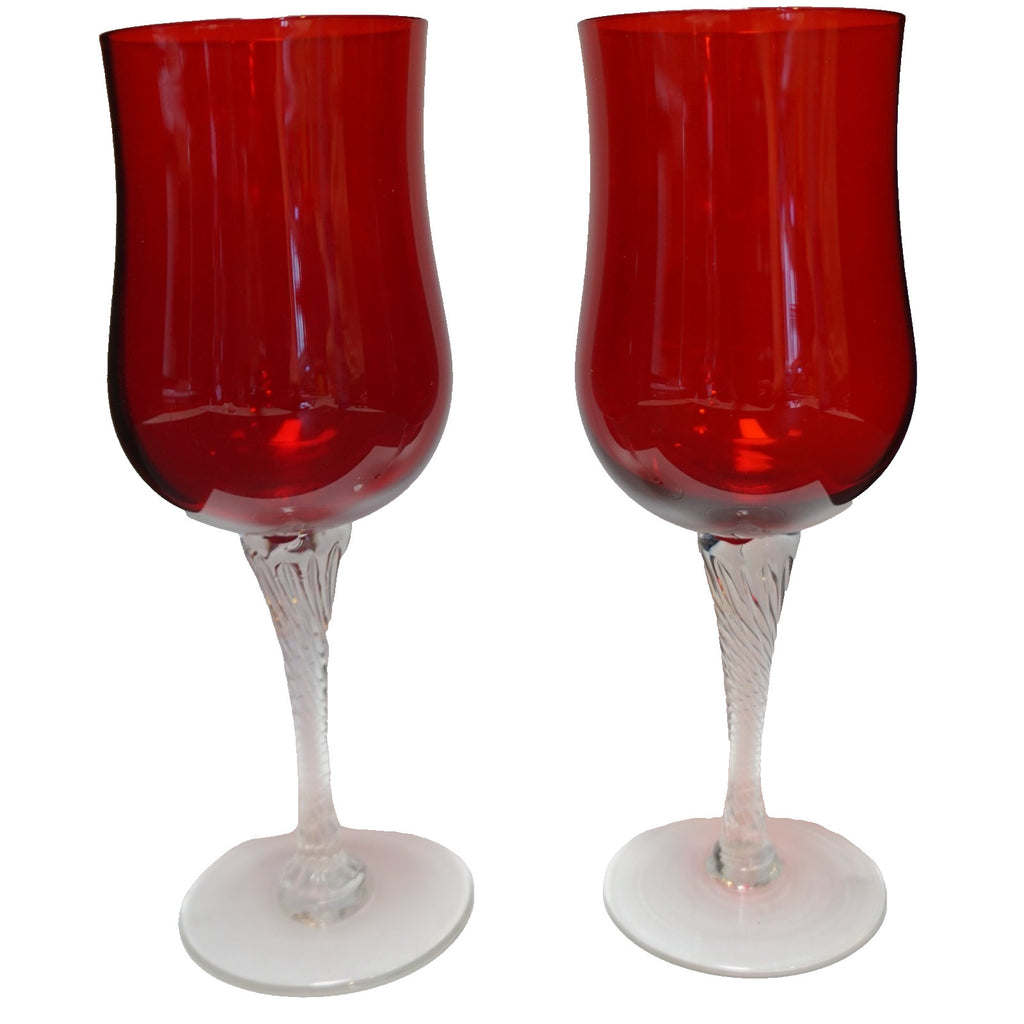SOLD Saturn Ruby Red Clear Twist Stem Claret Wine Glasses Pair