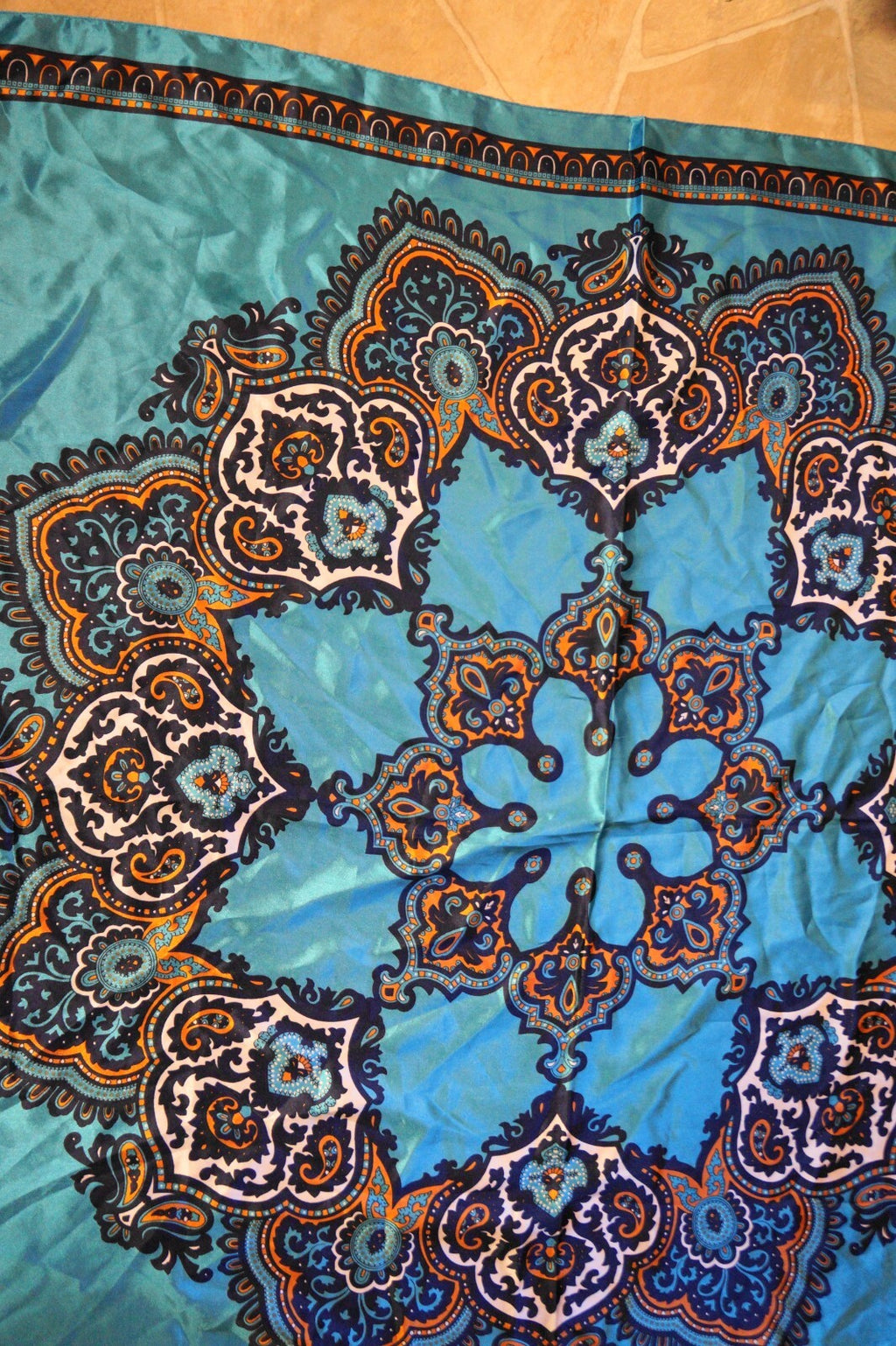 Corciova Teal 35 x 35 Scarf Silk Feel Polyester Moroccan Tile Medallion Print