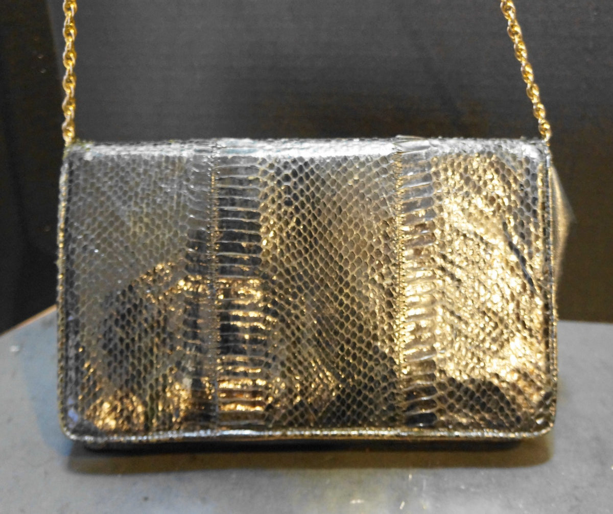 SOLD Palizzio Black Snakeskin Purse Lucite Bar Chain Strap Convertible Clutch Purse
