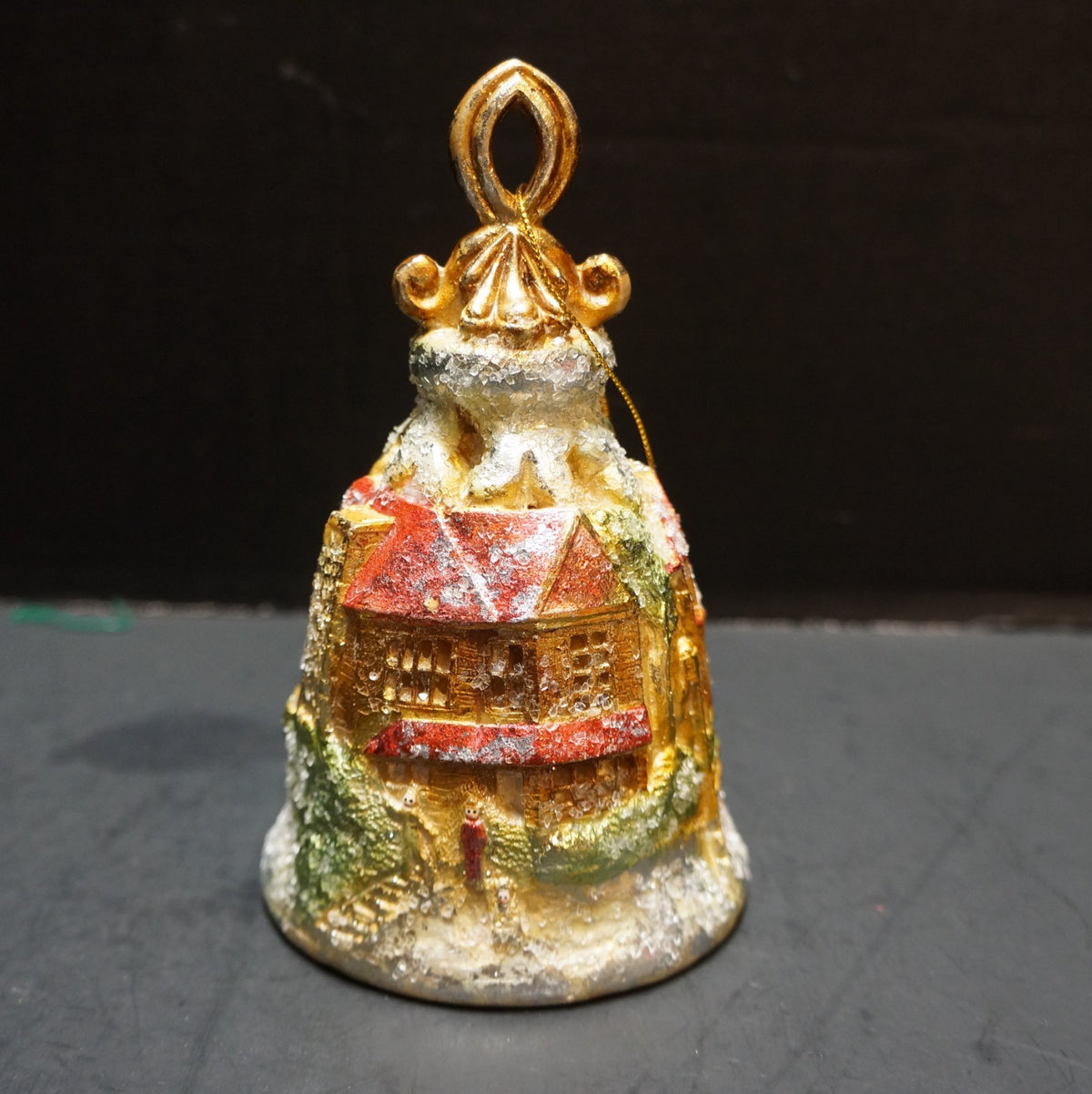 Ornate Christmas Bell Ornament Hand Painted Glass Glitter House