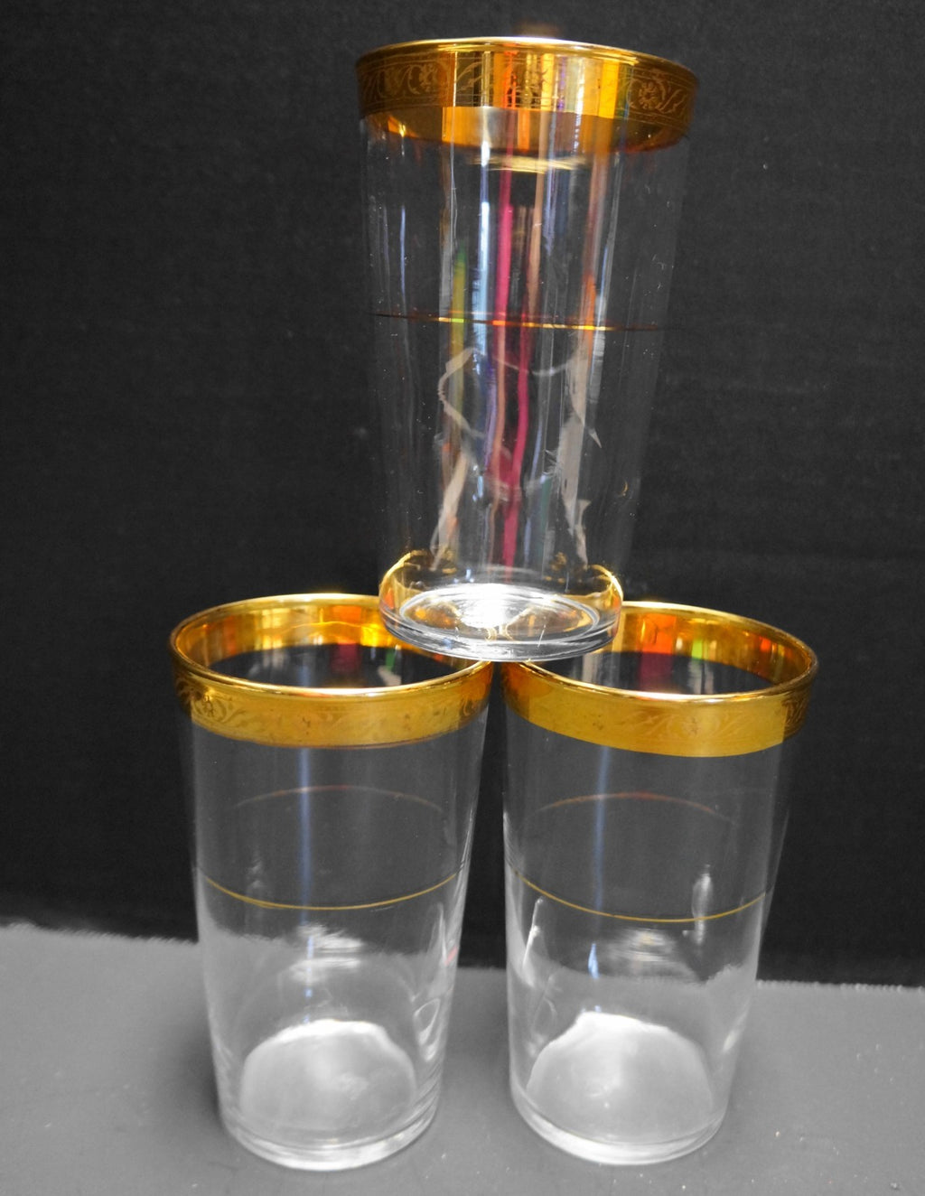 Federal Glass Gold Rim Floral Etched Tumblers Set of 3