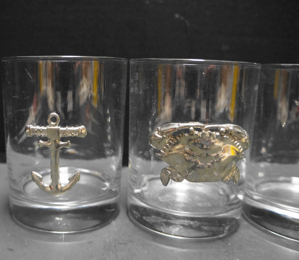 Maurice Milleur Fine Pewter Glass Tumblers Set of 4 Crab Pelican Catfish Anchor