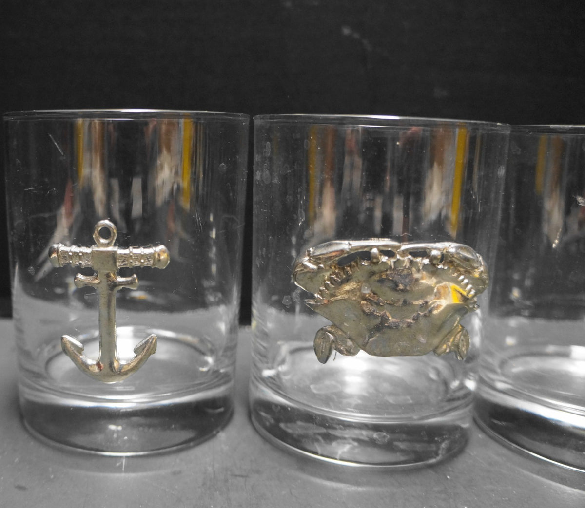 Maurice Milleur Fine Pewter Glass Tumblers Set of 4 Crab Pelican Catfish Anchor