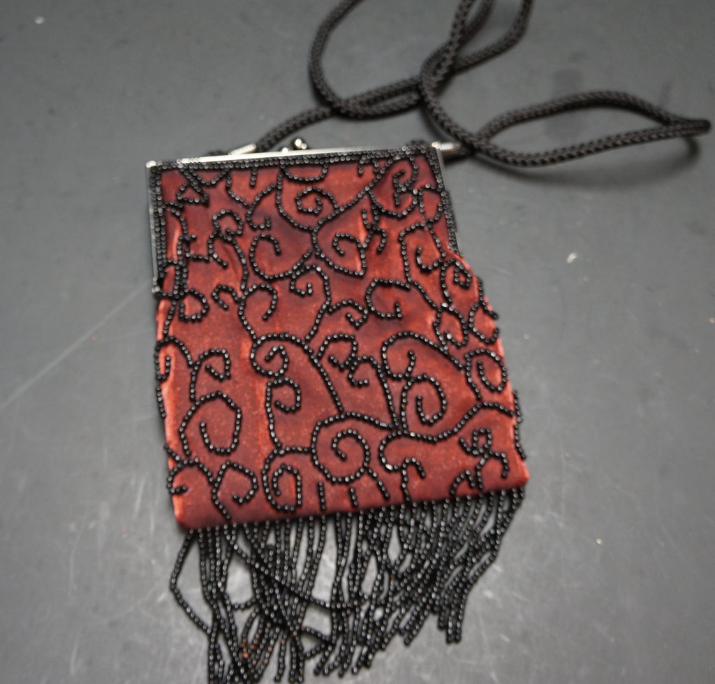 Lancome Dark Red Black Beaded Fringe Evening Bag Vintage