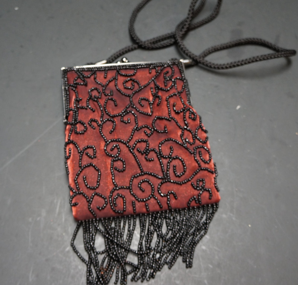 Lancome Dark Red Black Beaded Fringe Evening Bag Vintage