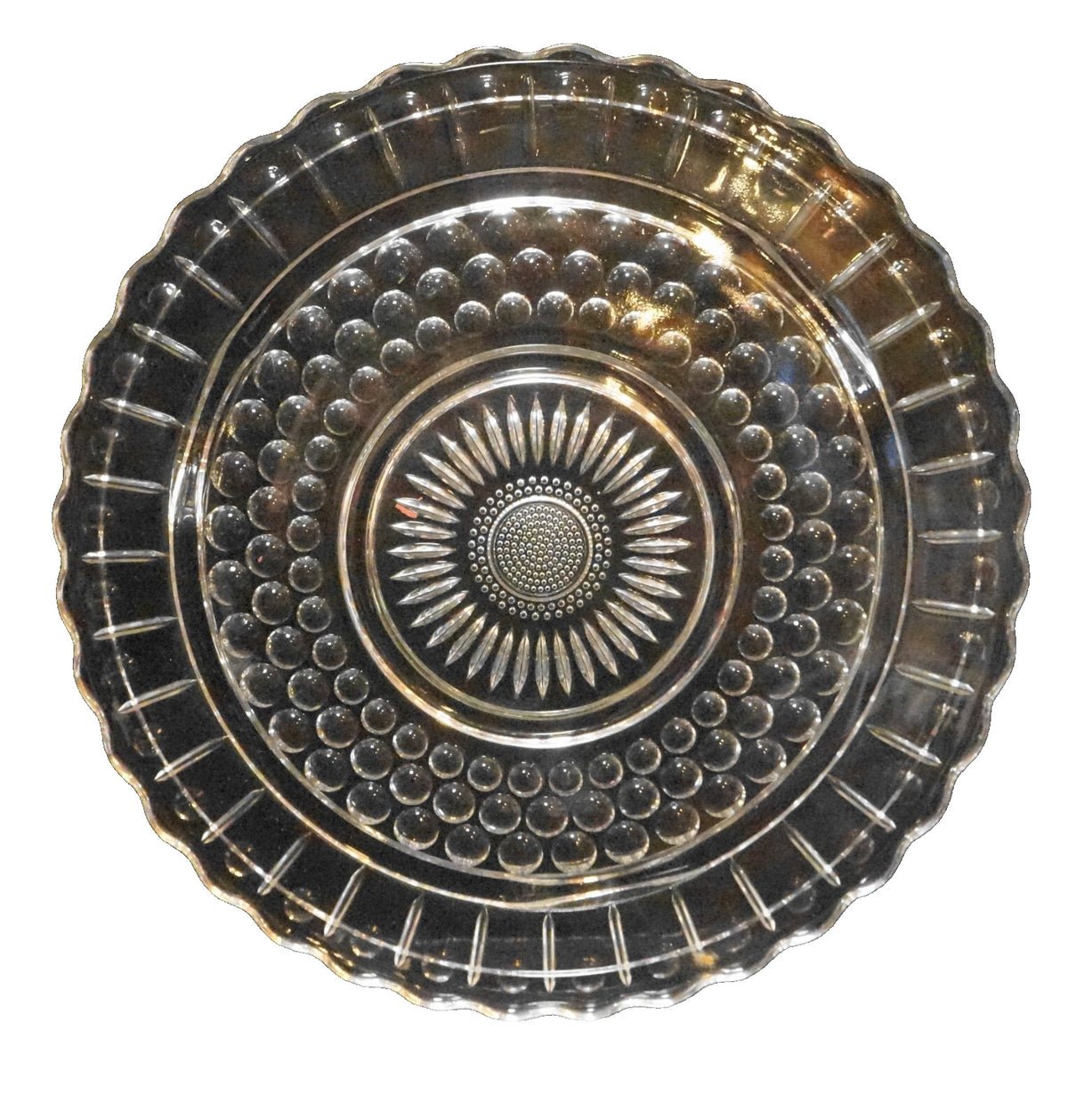 Federal Glass Daisy Sunflower Dots Circles Footed Cake Plate Clear