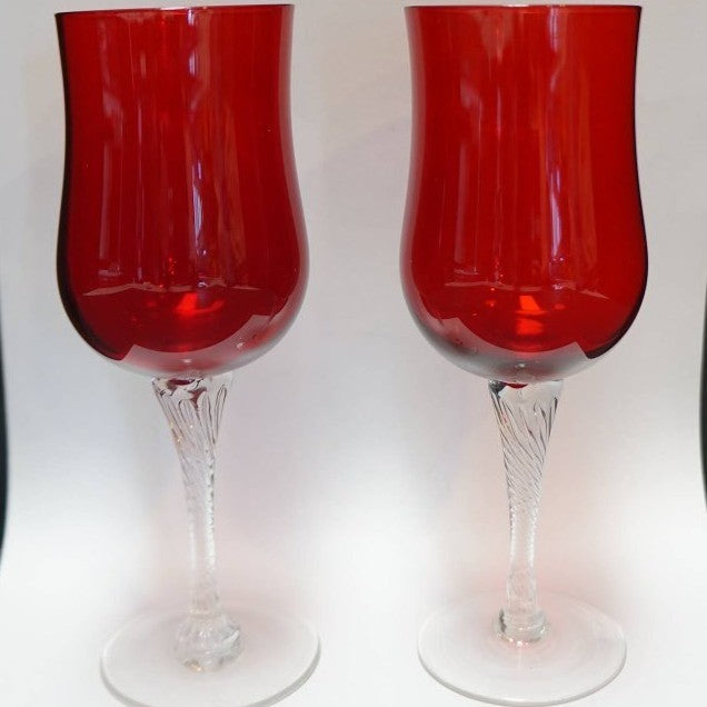 SOLD Saturn Ruby Red Clear Twist Stem Claret Wine Glasses Pair