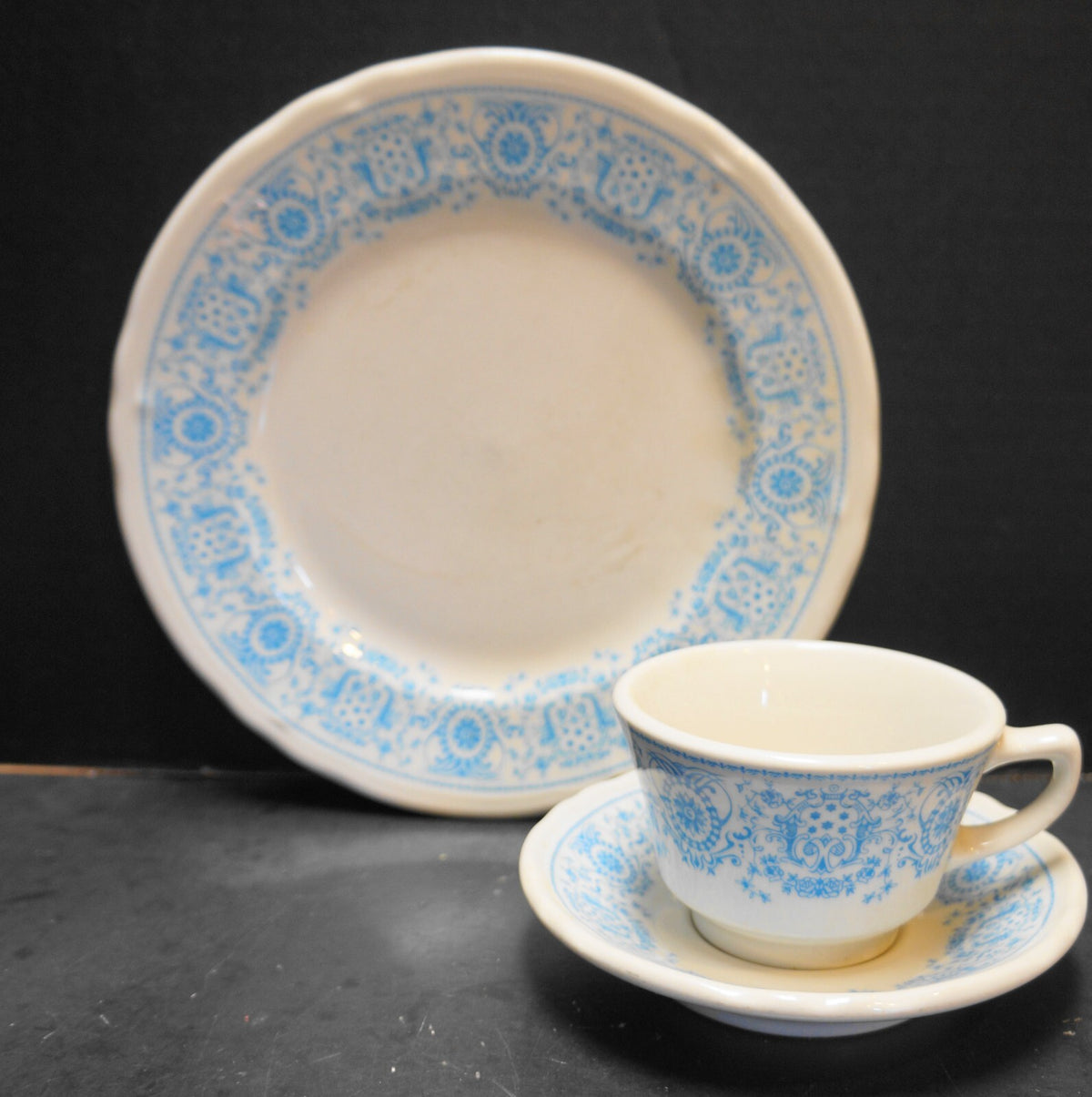 Shenango China Turquoise Blue Medallion Restaurant Ware Cup Saucer Plate