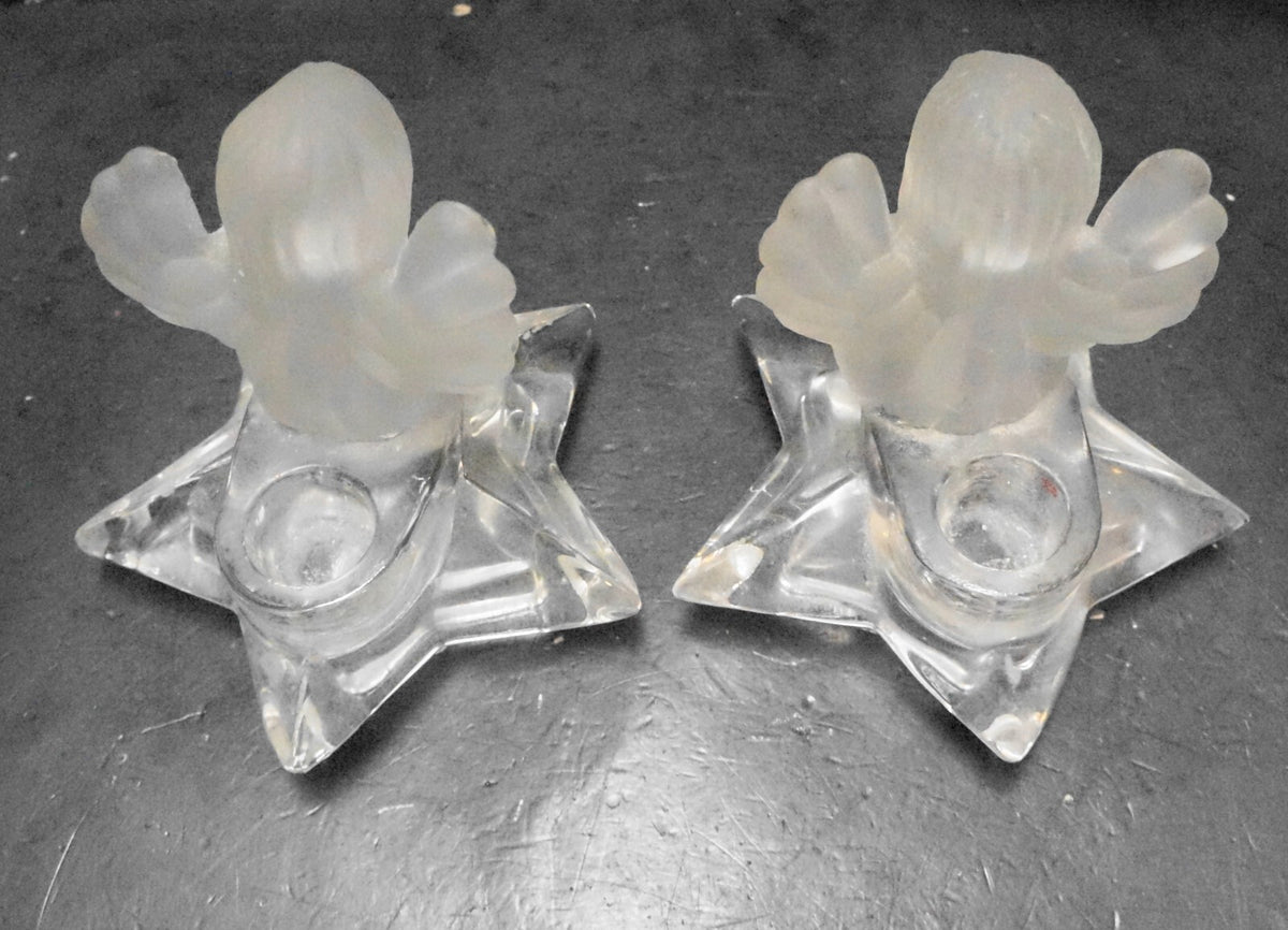 Crystal Frosted Glass Angel Star Pillow Candle Holders Pair
