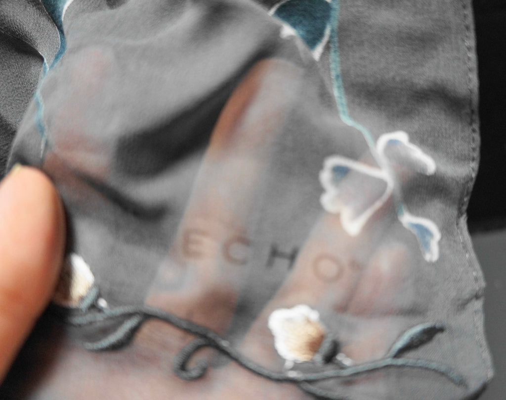 Echo Silk Scarf Gray Chiffon Floral Oblong Embroidered Flowers