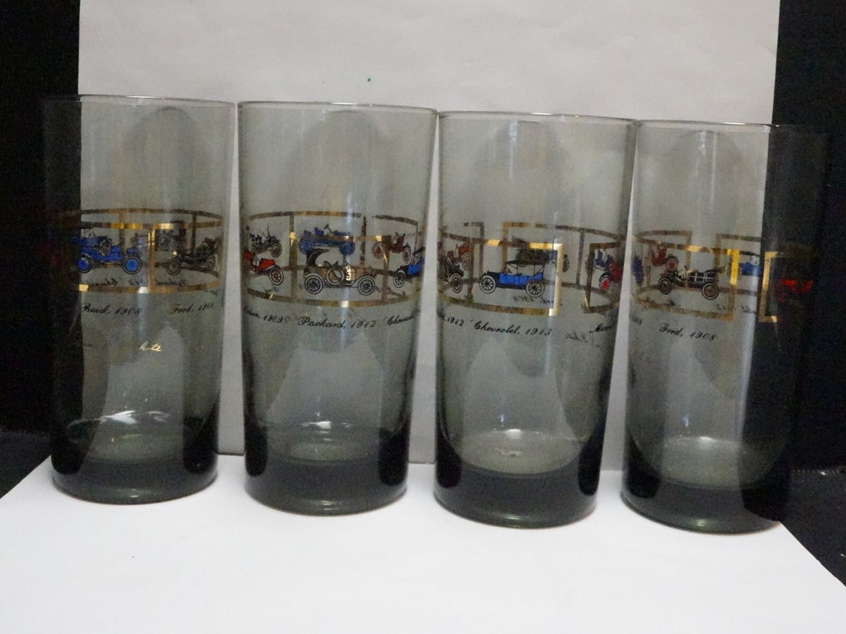 Antique Autos Pattern Smoke Gray Glass Tumblers Set of 4 Ford Hudson Packard