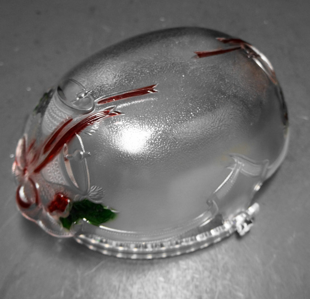 Mikasa Holiday Bells 9 1/2 IN Oval Basket Bowl Frosted Stained Red Green