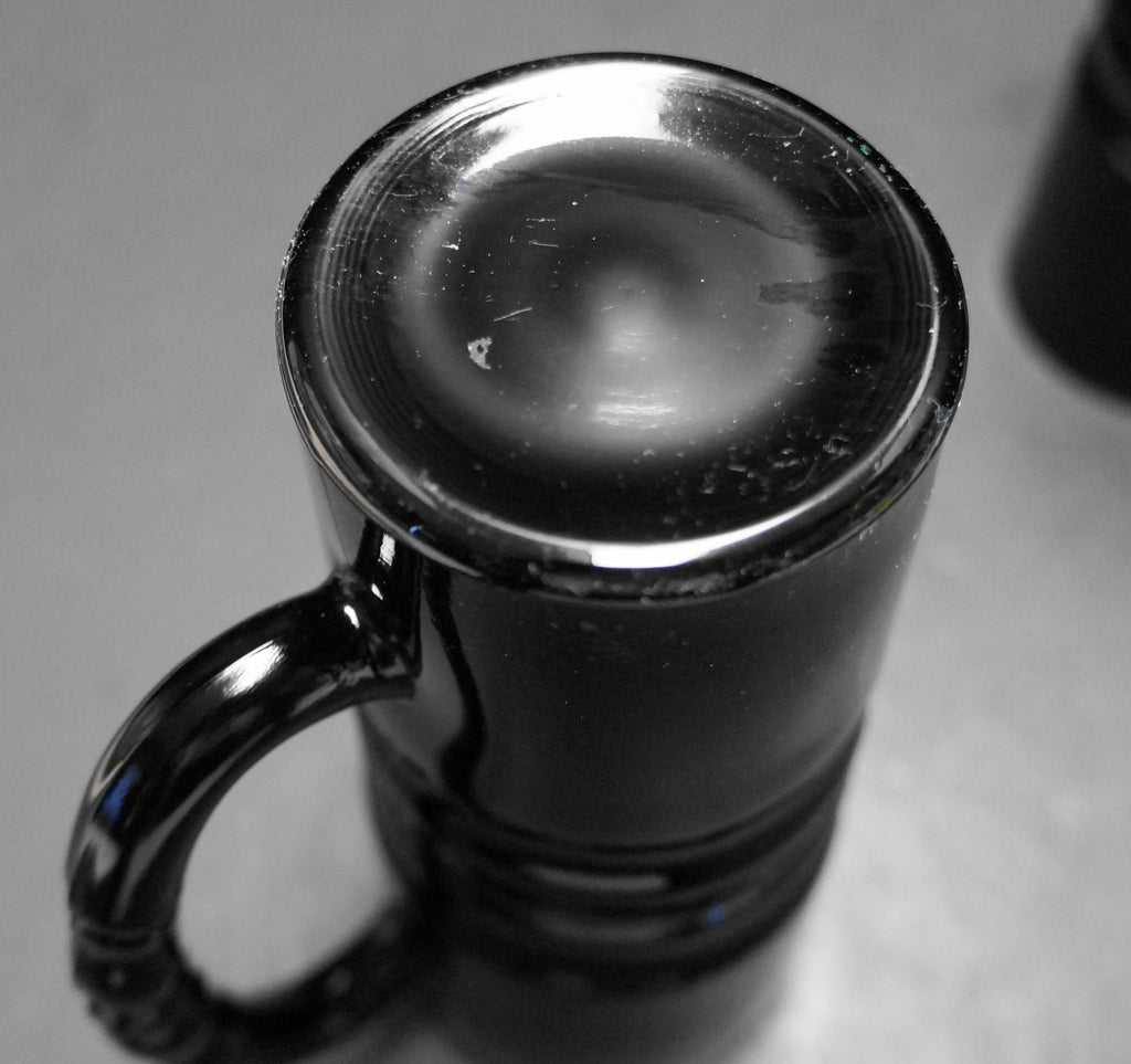 Tiara Exclusives Black Glass Ribbed Tall Mugs Steins Pair Indiana Glass
