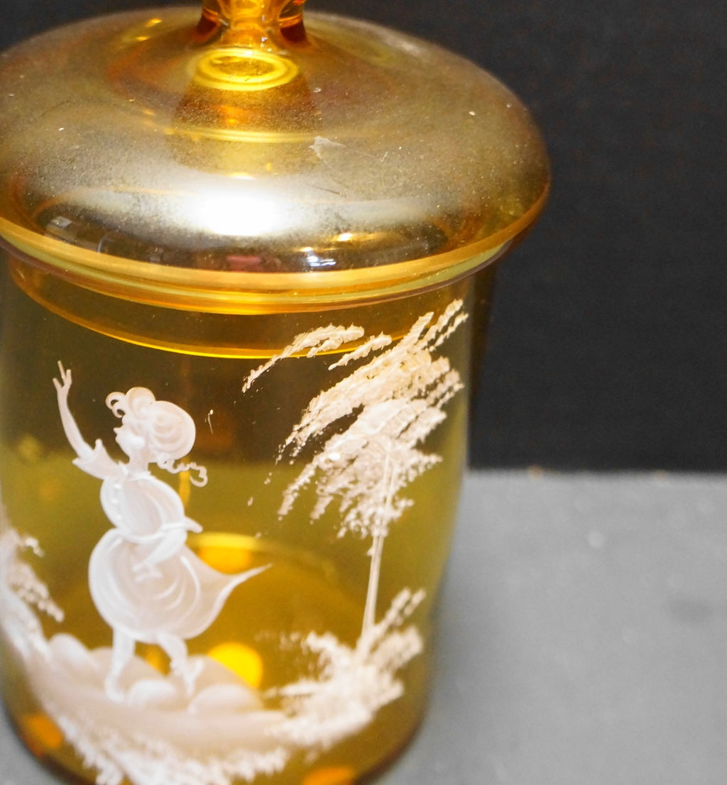 Mary Gregory White Enamel Hand Painted Amber Glass Small Jar West Germany