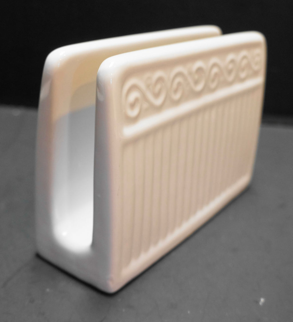 Gibson Claremont White Glazed Embossed Scrolls Column Ribs Napkin Holder