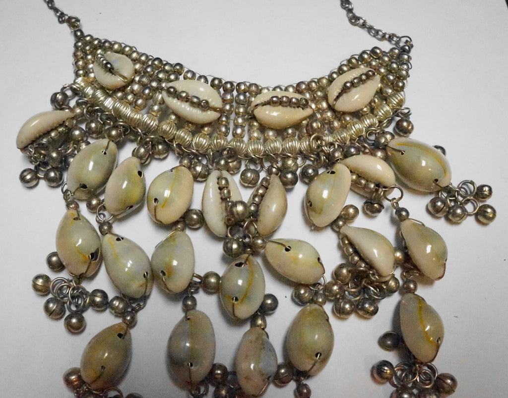 Tribal Silver Cowrie Shell Beaded Fringe Bib Necklace
