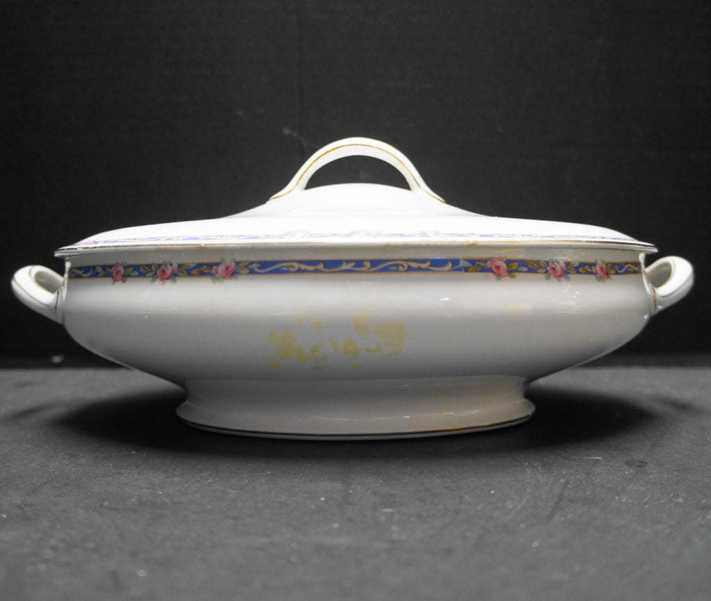 John Maddock & Sons Royal Vitreous Pink Roses Blue Band Oval Covered Vegetable