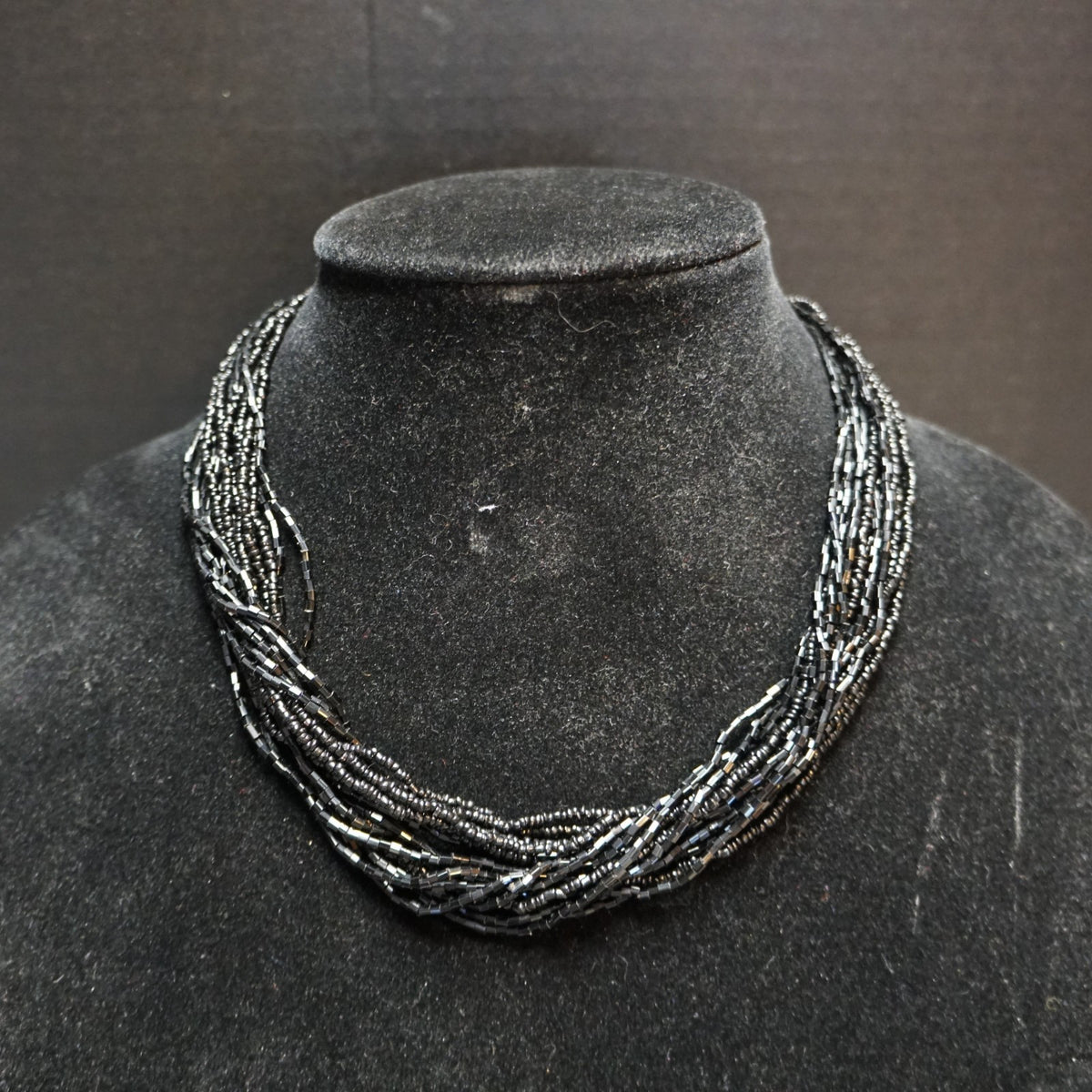 Black Czech Glass Seed Bead Torsade Multistrand Necklace