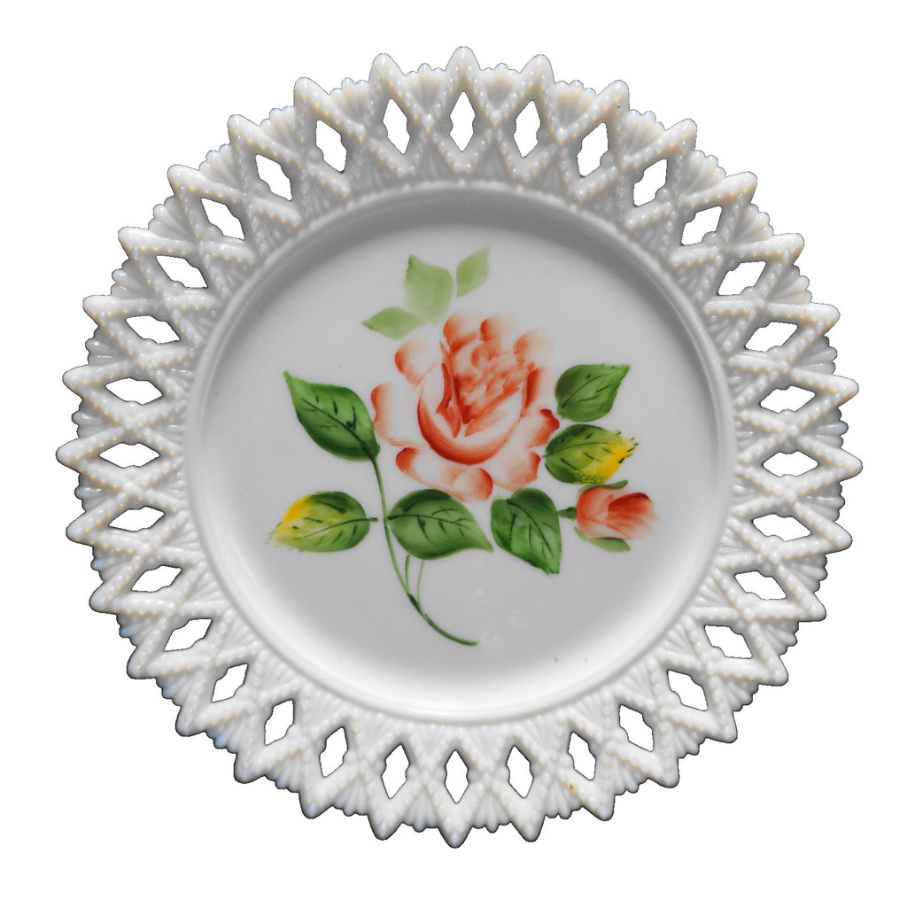 Kemple Sheat of Wheat Lace Edge White Milk Glass Plate Hand Painted Rose