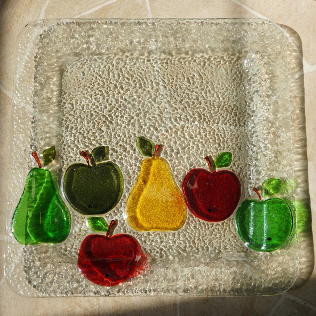 Fused Glass Fruit Apple Pear Clear Pebbled Square Tray 14 5/8 IN