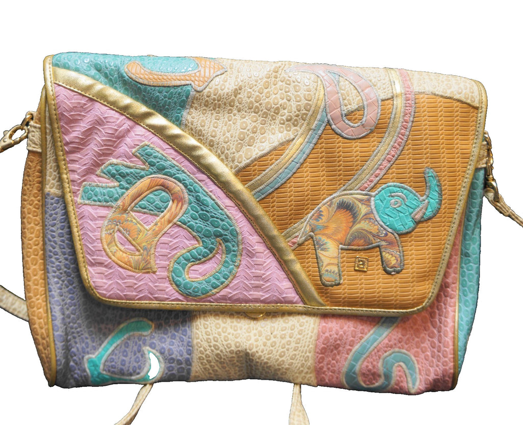 NAS Korea Pastel Patchwork Elephant Applique Faux Leather Reptile Embossed Purse