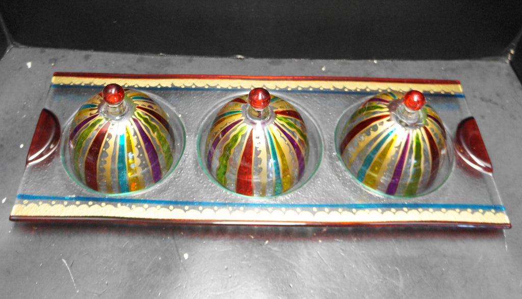 Pier 1 Imports Festive Stripe Condiment Set Hand Painted Glass NIB 2010