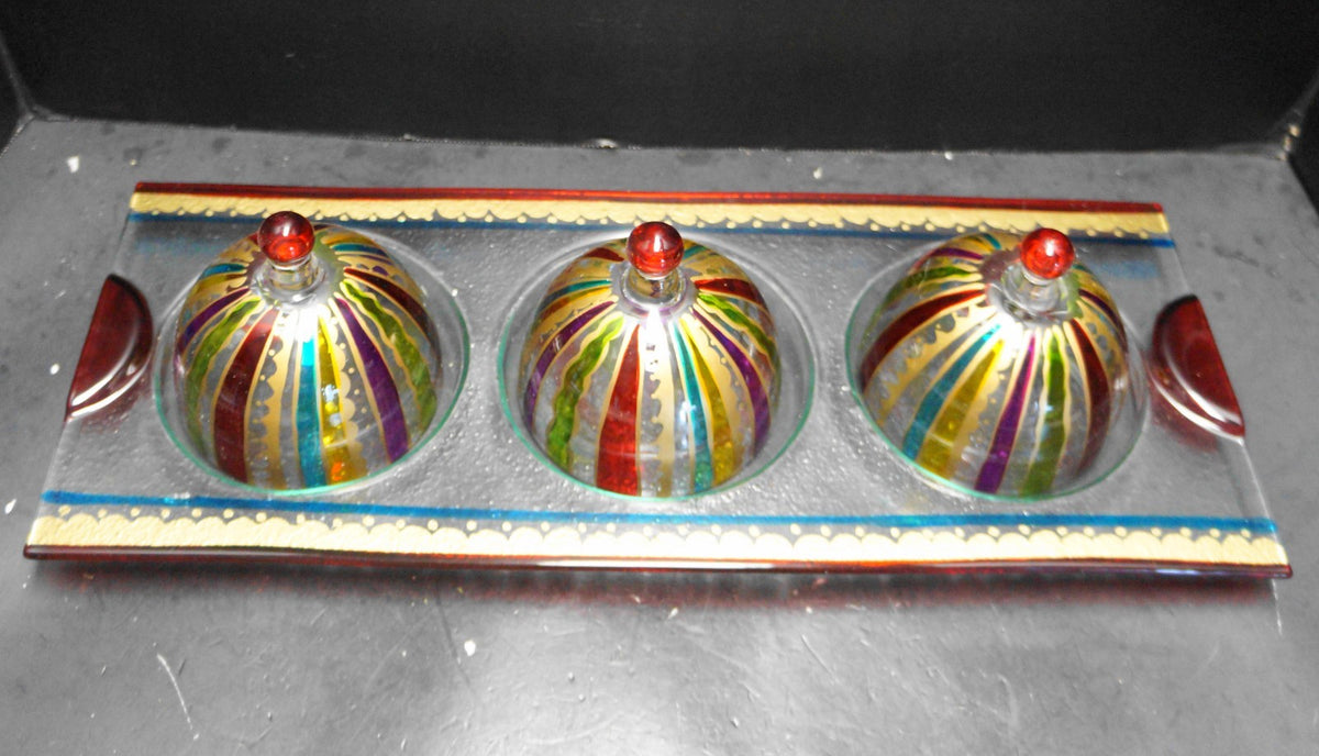 Pier 1 Imports Festive Stripe Condiment Set Hand Painted Glass NIB 2010