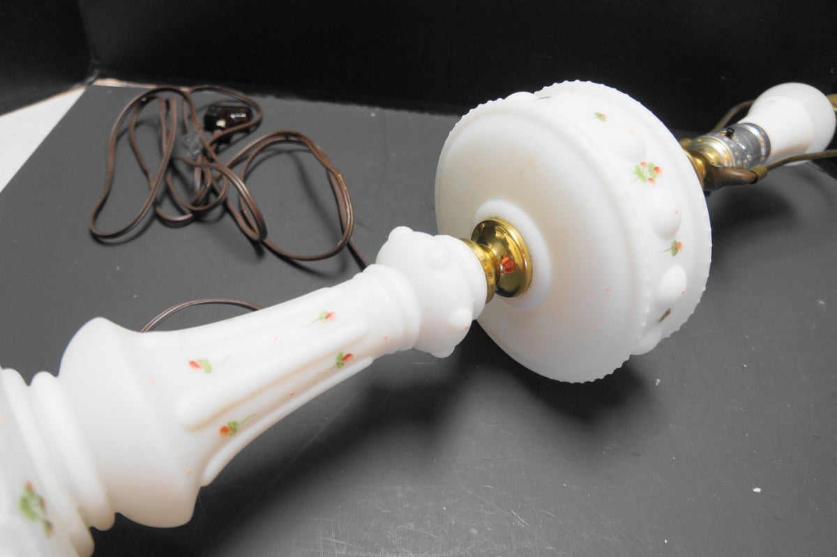 Satin Milk Glass Electric Table Lamp Hand Painted Roses