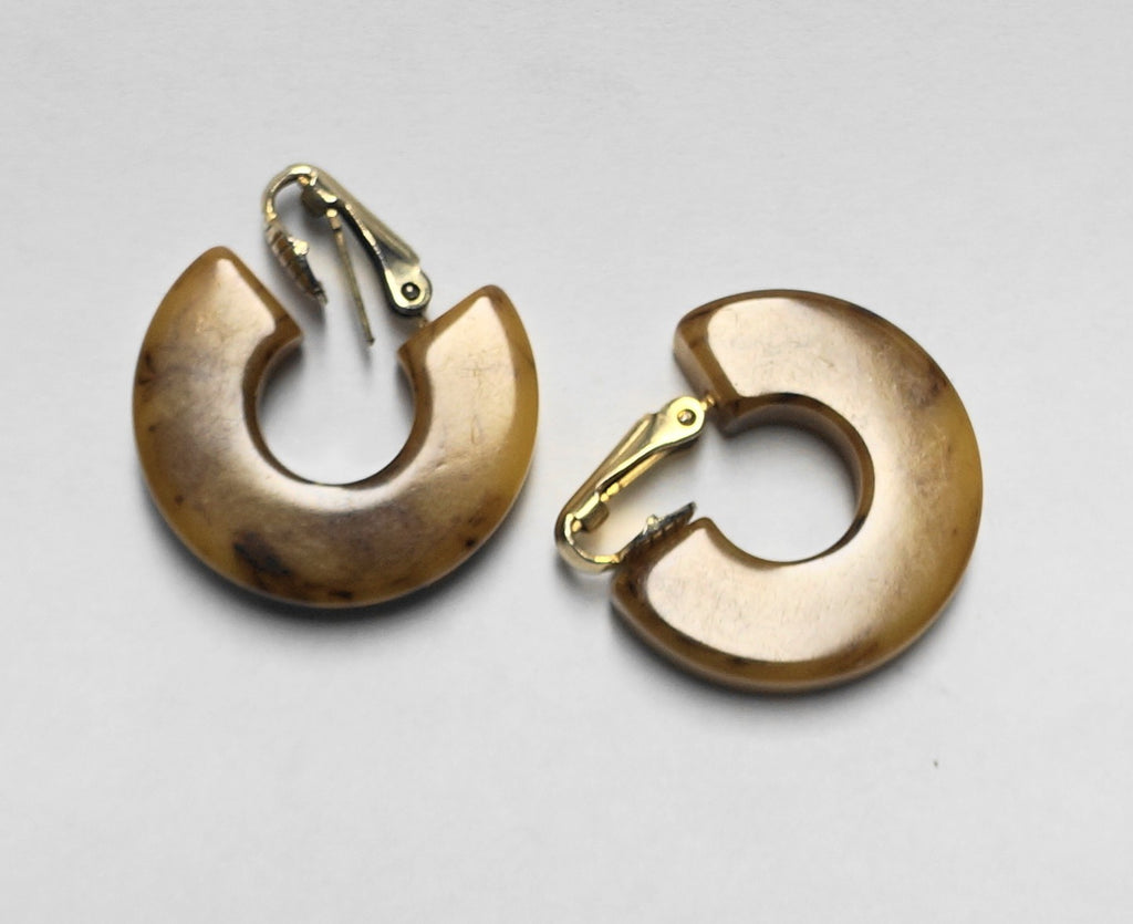 Butterscotch Amber Marbled Bakelite Hoop Earrings Clips