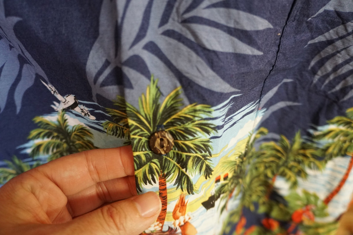 KY Authentic Aloha Hawaiian Shirt Men's XL Hula Girl Dark Blue