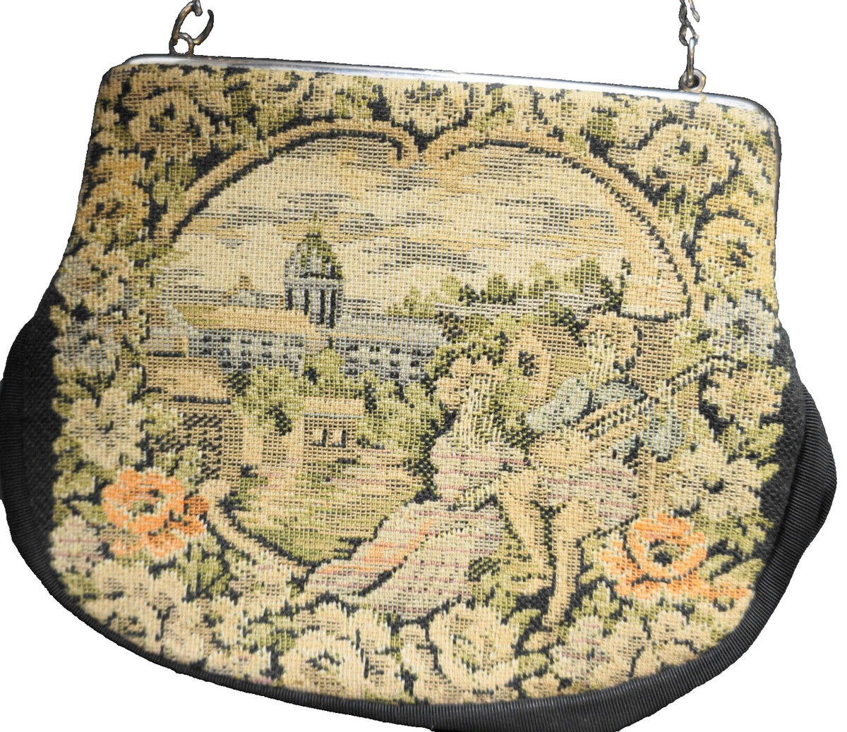 Verdi Petit Point Woven Tapestry Purse City Scene Floral Border Lute Player