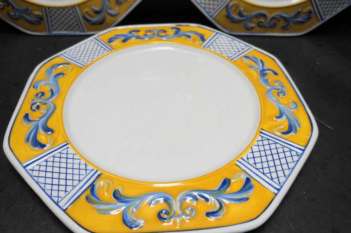 Fitz and Floyd Ricamo Trattoria Dinner Plates Set of 3 Yellow Blue