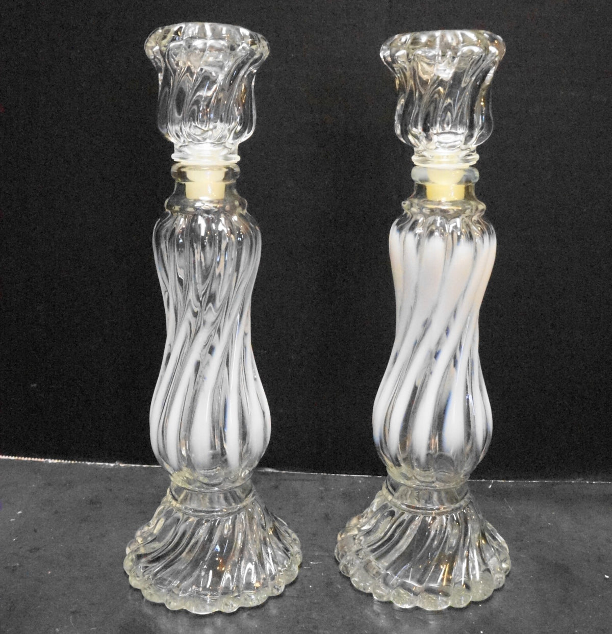 Fenton or Fostoria for Avon Opalique Clear White Opalescent Swirl Candle Holders Cologne Bot