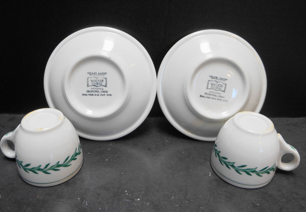 Walker Vitrified China Green Garland Demitasse Cups Saucers Pair