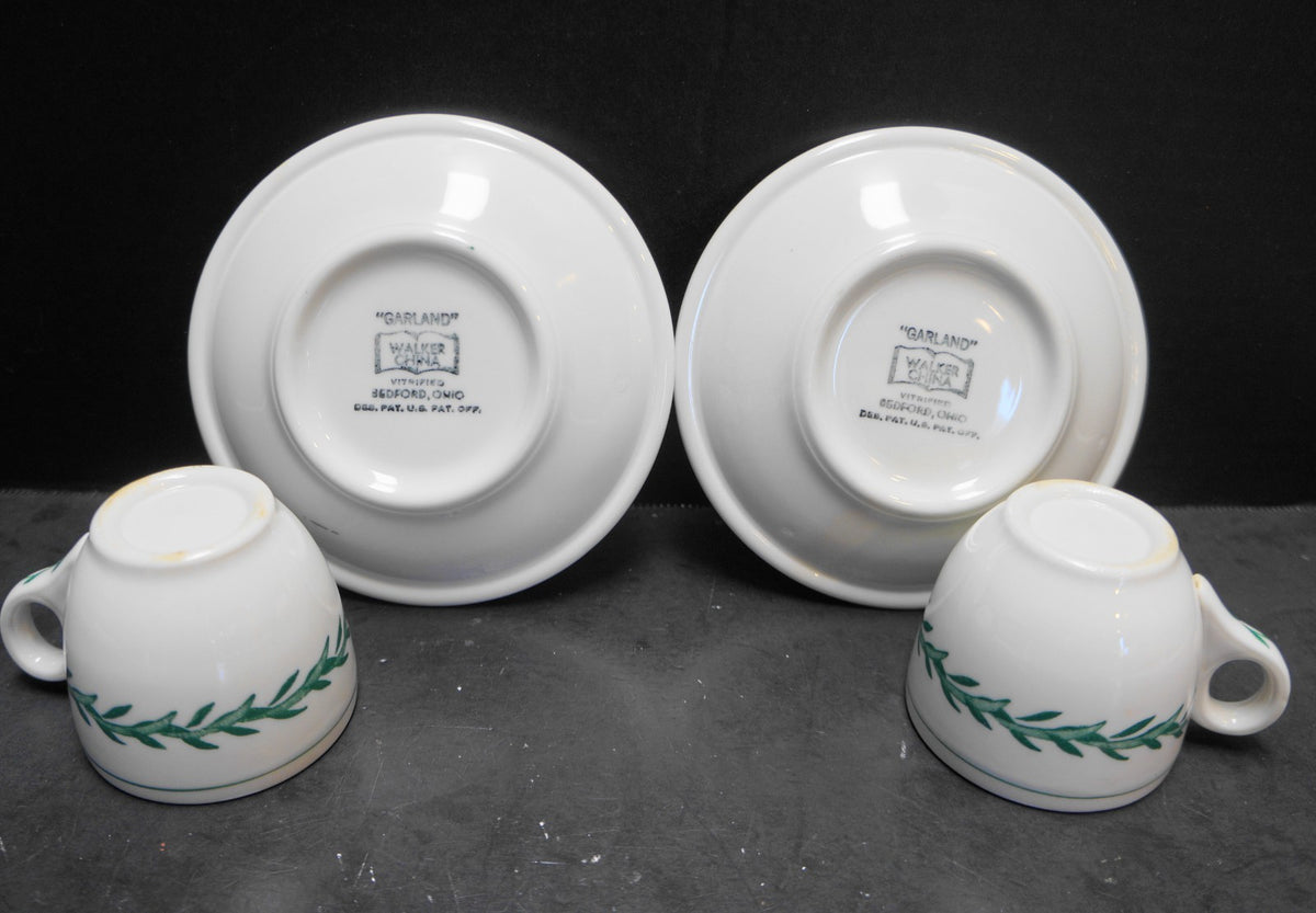 Walker Vitrified China Green Garland Demitasse Cups Saucers Pair