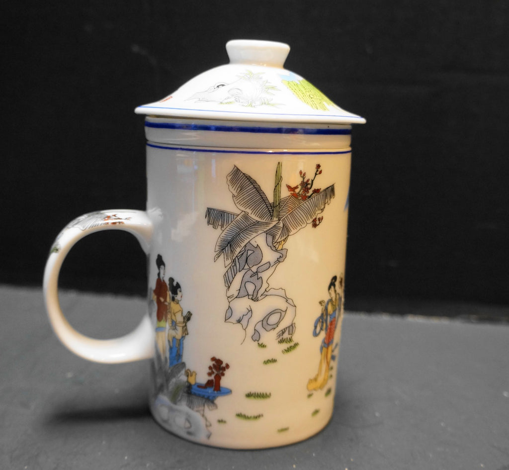 Chinese Porcelain Ladies Tree Tea Infuser Mug Lid 3 Pieces Yu Tai
