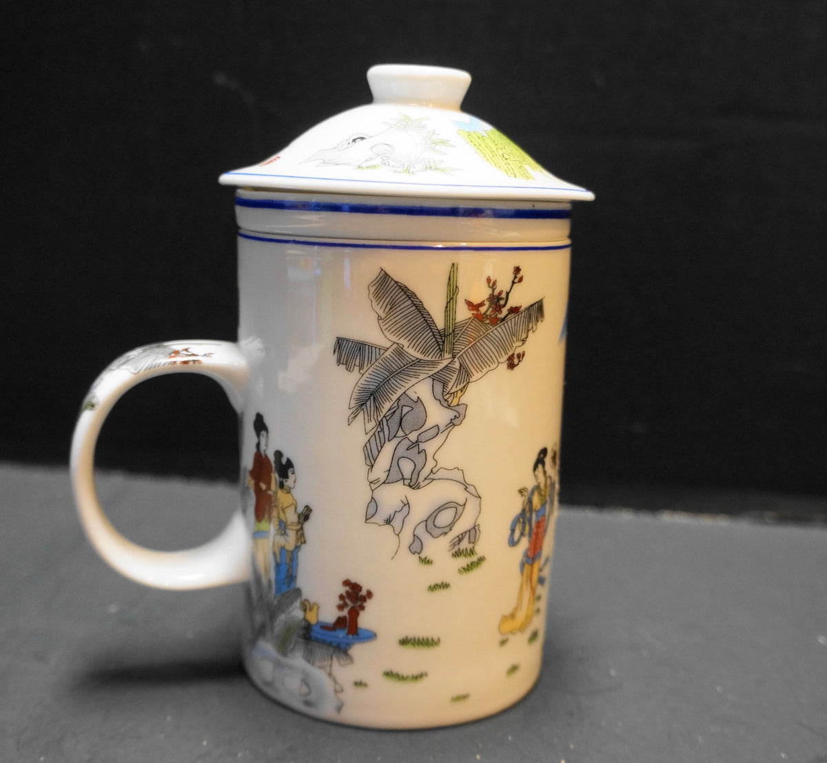 Chinese Porcelain Ladies Tree Tea Infuser Mug Lid 3 Pieces Yu Tai