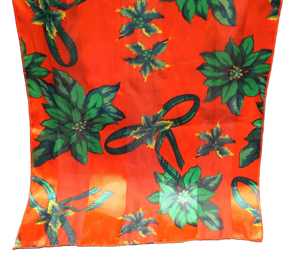 Red Green Poinsettia Print Christmas Scarf Satin Chiffon Stripe Oblong Polyester