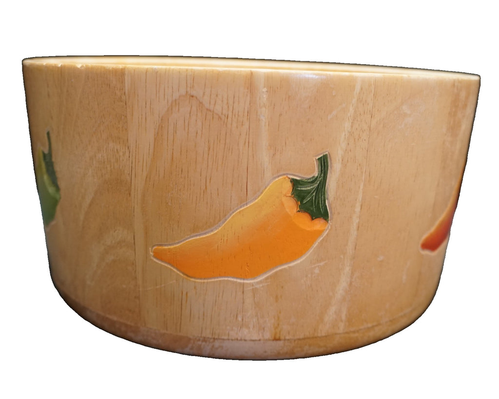 Clay Art Bamboo Salad Serving Bowl Hand Painted Carved Peppers 11 IN 2001