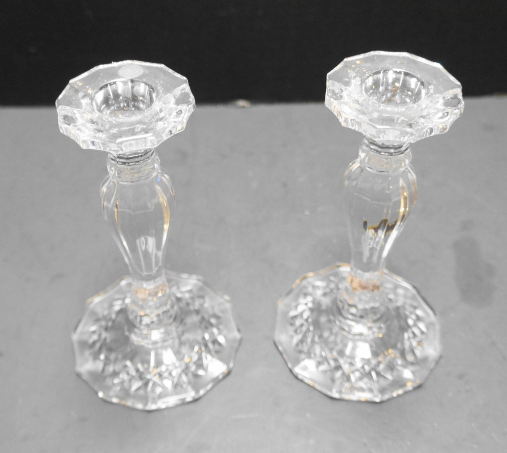 Neiman Marcus Crystal Ribbed Crosshatch Diamond Foot Candle Sticks Pair