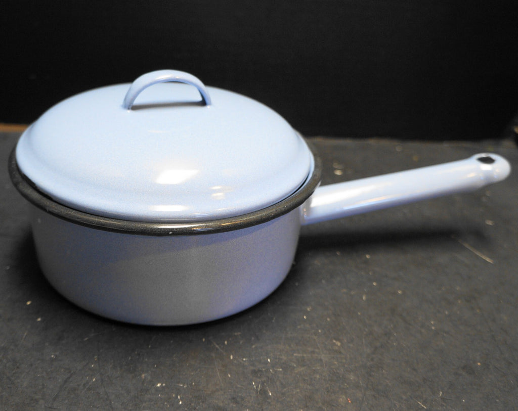 Light Blue Black Trim Enamel Saucepan 1950s