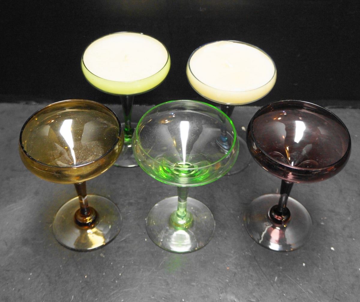 MCM Champagne Cocktail Coupe Glasses Colors Blue Green Purple Brown Set of 4