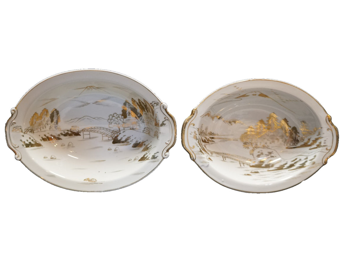 Kutani Gold on White Porcelain Oval Vegetable Bowls Pair Mt Fuji Village Scene