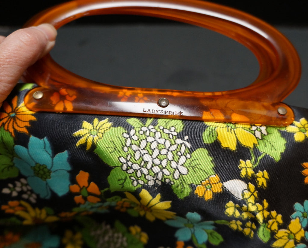 Lady's Pride Satin Floral Folding Tote Bag Clutch 1960s Flower Power Lucite Hand