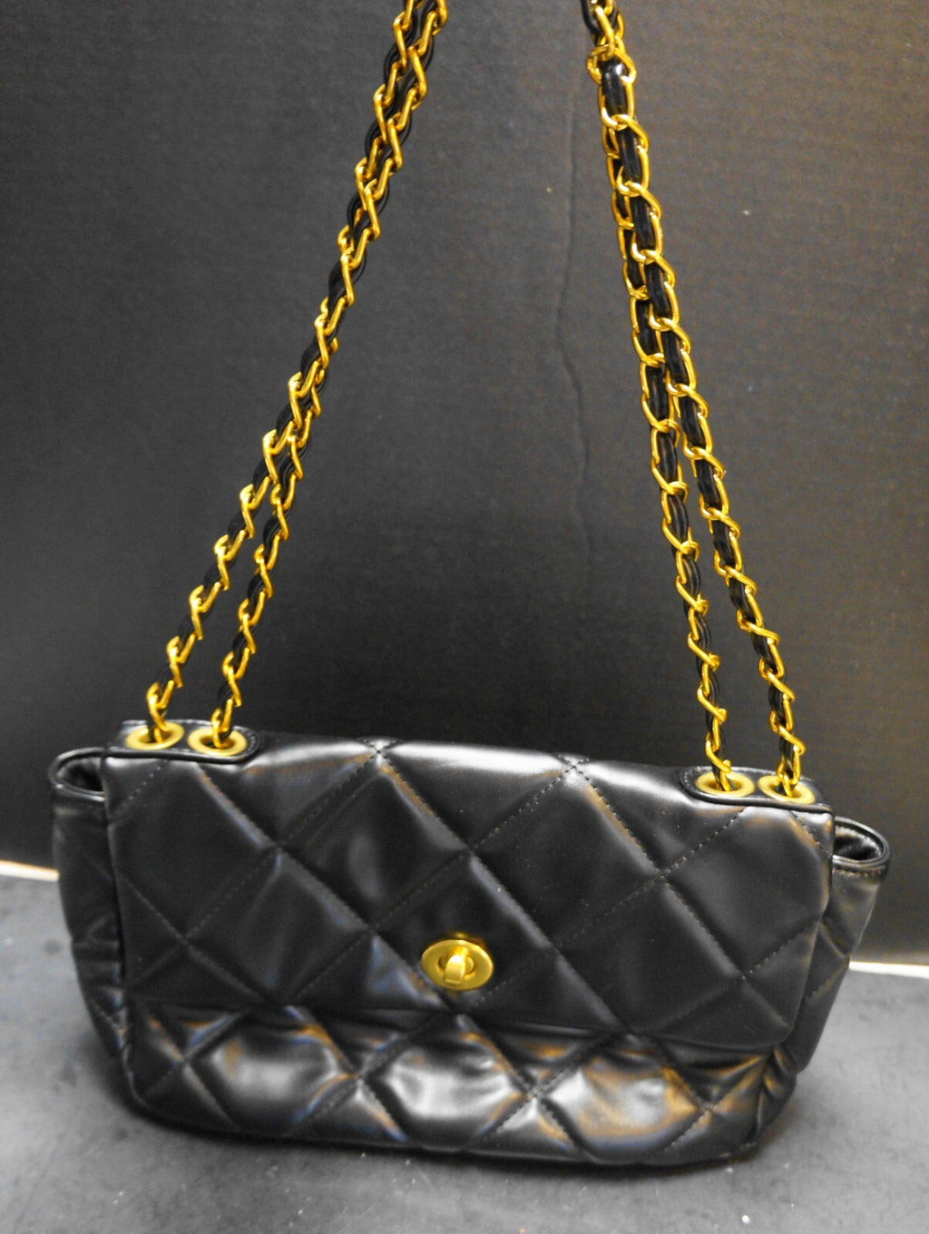 Black Faux Leather Soft Quilted Shoulder Bag Crossbody Chain Strap