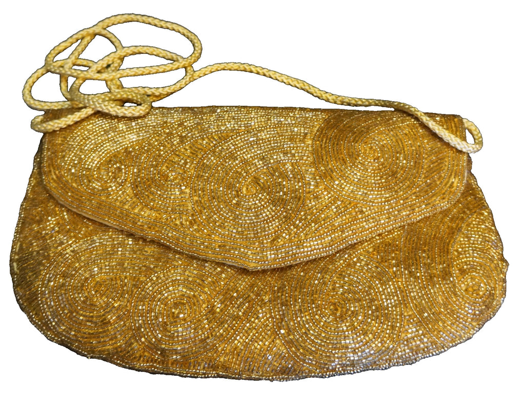 Gold Beaded Swirls Satin Evening Bag Purse