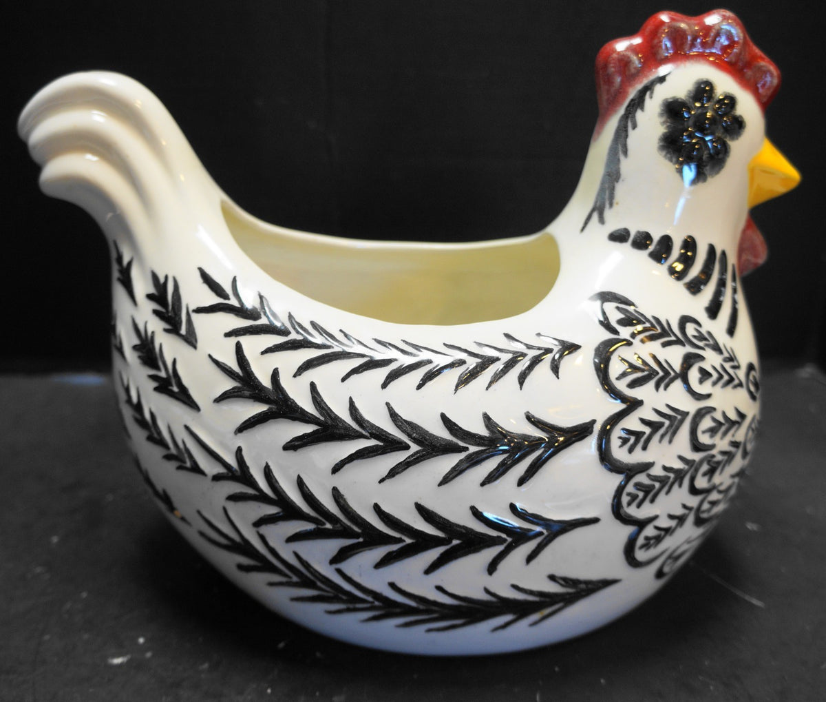 Chicken Hen Planter Hand Painted Black White Unsigned
