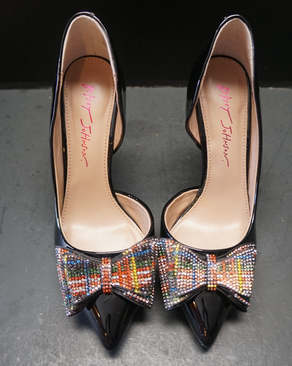 SOLD Betsey Johnson Prince P D'Orsay Black Patent Red Heels Rainbow Crystal Bows 7M