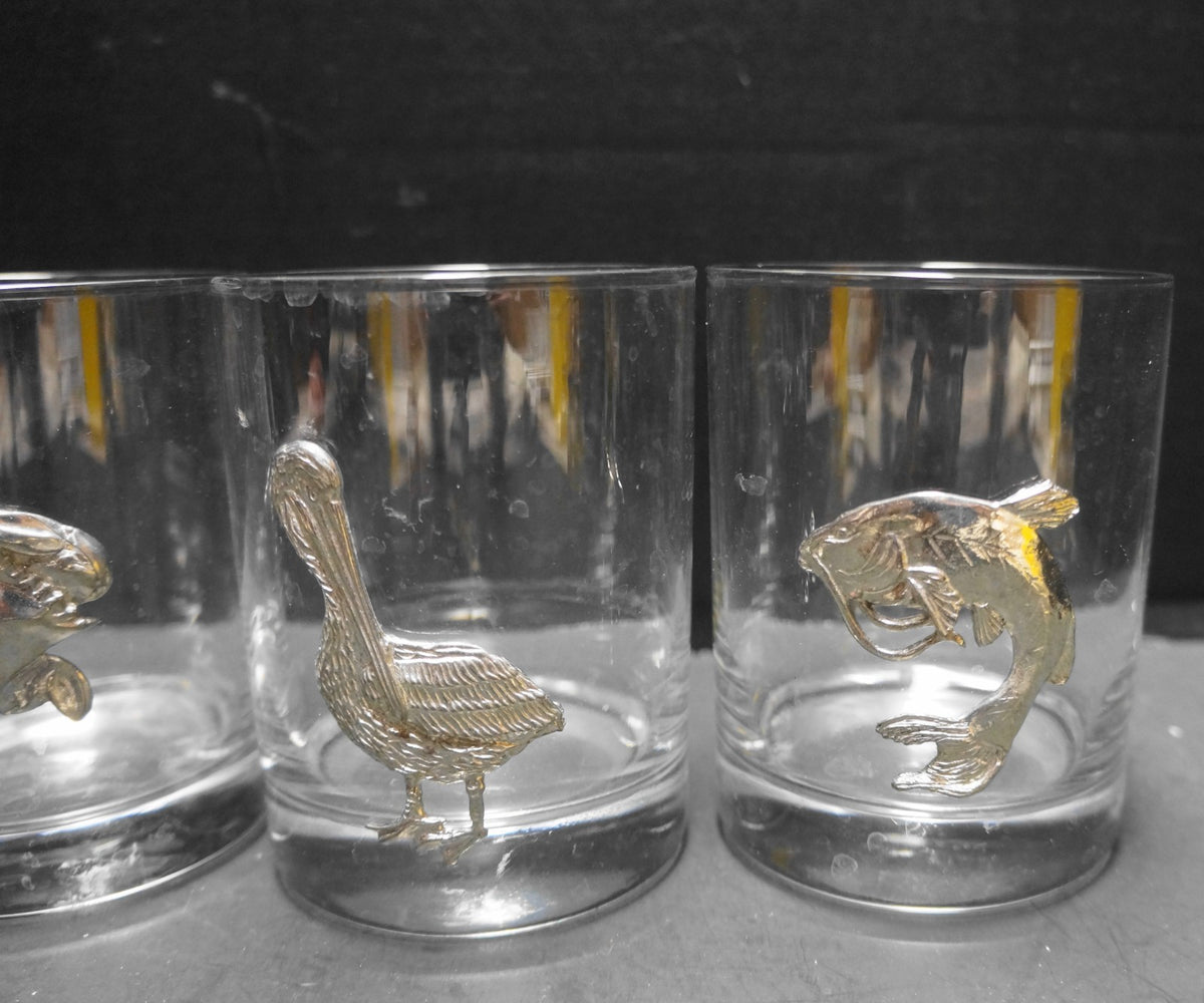 Maurice Milleur Fine Pewter Glass Tumblers Set of 4 Crab Pelican Catfish Anchor